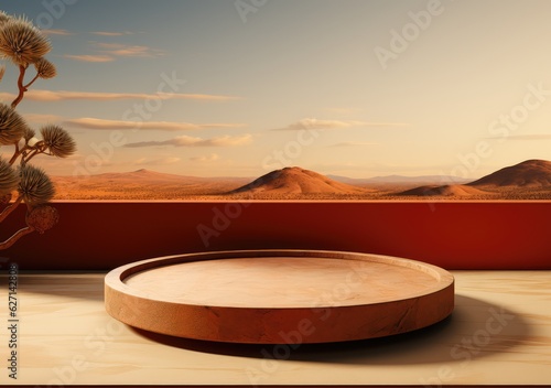Round wooden saw cut cylinder shape on beige background abstract background. product podium with architecture columns on warm tone. AI Generative