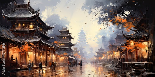 ancient Chinese night market street  oil painting  generative AI