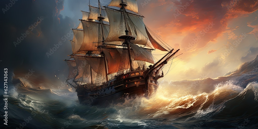 Fototapeta premium old ship struggle in sea storm, generative AI