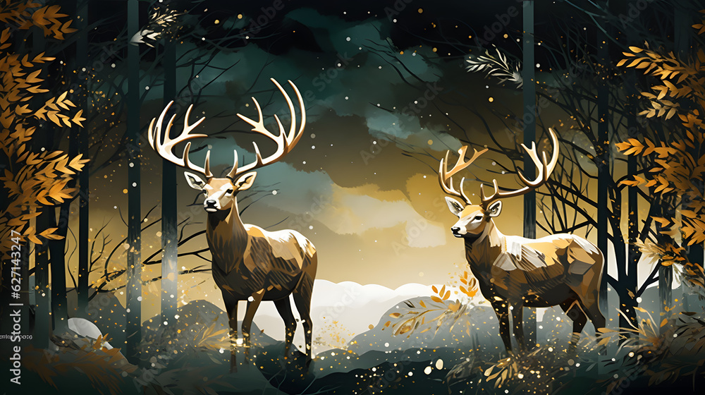 custom made wallpaper toronto digital3d abstraction modern and creative interior mural wall art wallpaper with dark green and golden forest trees, deer animal wildlife with birds
