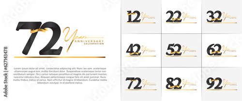 set of anniversary logo with black number and gold ribbon, handwriting text can be use for celebration