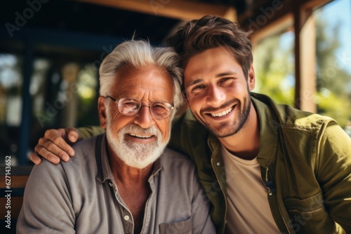 Photographie Grown-up hipster son happily hugs an old man at home