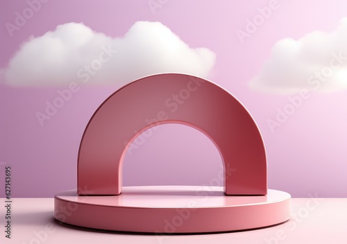 abstract background with pink podium and cloud minimal summer scene. scene for mockup product display. Beauty cosmetic product placement pedestal present. AI Generative.