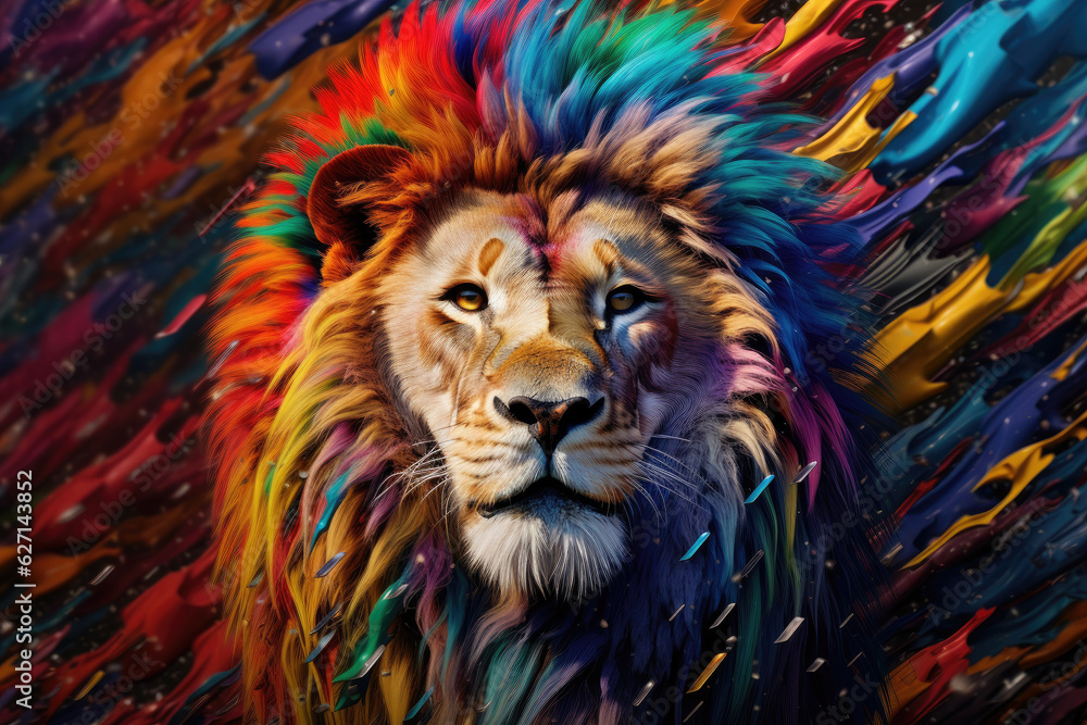 Abstract animal king of Lion portrait with multi colored colorful on skin body and hairs paint, Vibrant bright gradients background, with Generative AI.