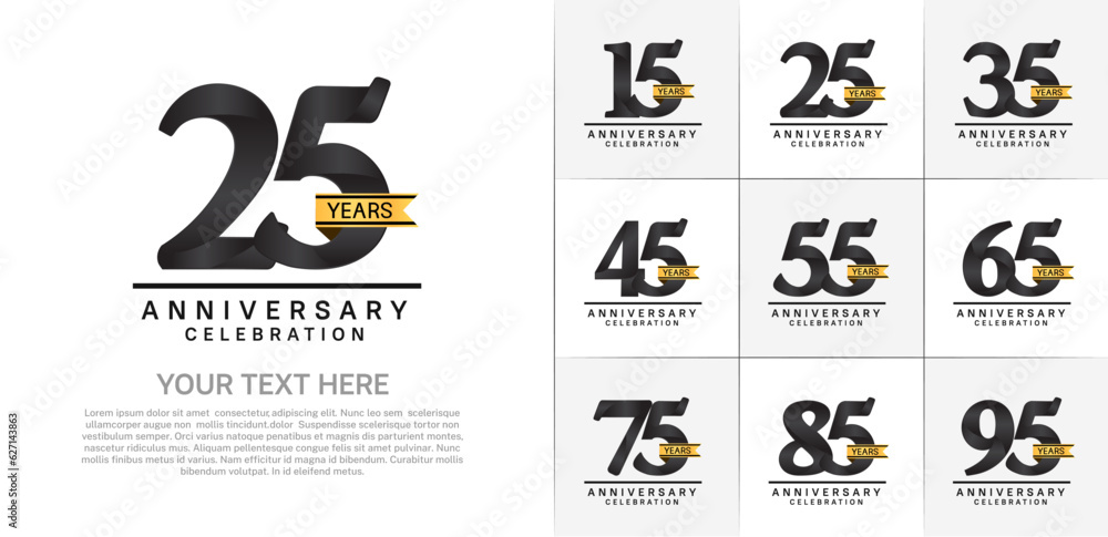 set of anniversary logo with black number and golden ribbon can be use for celebration