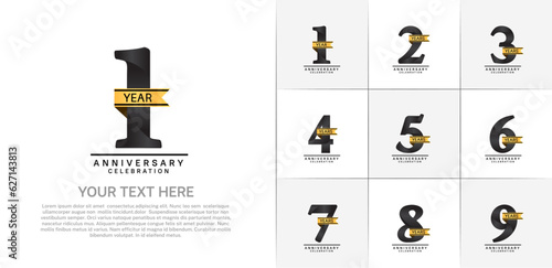 set of anniversary logo with black number and golden ribbon can be use for celebration