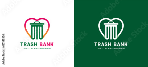 Modern love trash logo design, recycle trash bank vector logo template