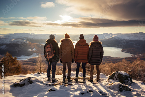 friends stand together on a snowy mountain in winter Generative ai