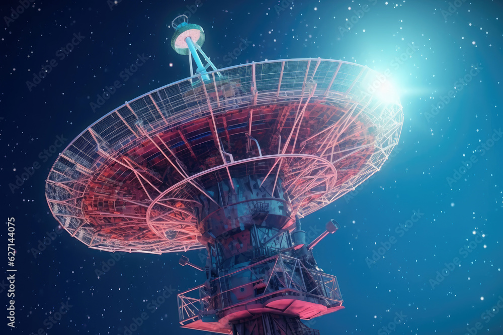 Space satellite dishes that receive signals from outer space with night