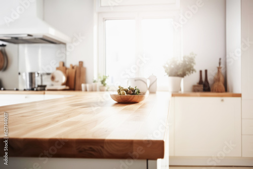 Wooden light empty table top in modern white kitchen, kitchen panel in interior. Template showcase scene for advertising products
