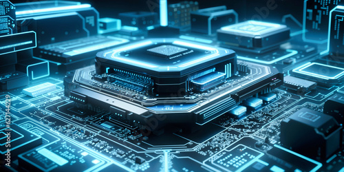 Close-up view of a modern GPU card with circuit and connections 3D rendering