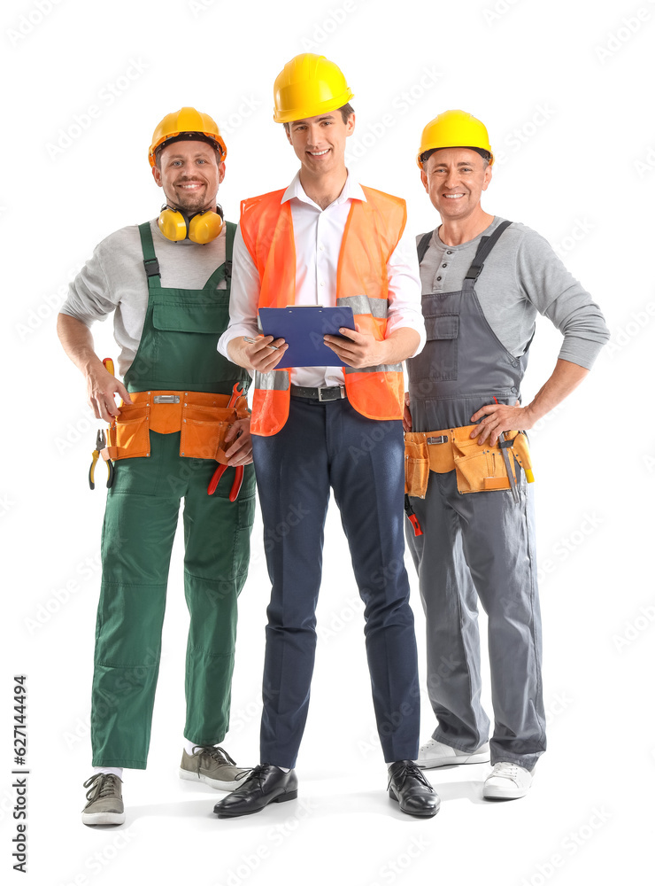 Team of male builders with tools on white background Team of male builders with tools on white background