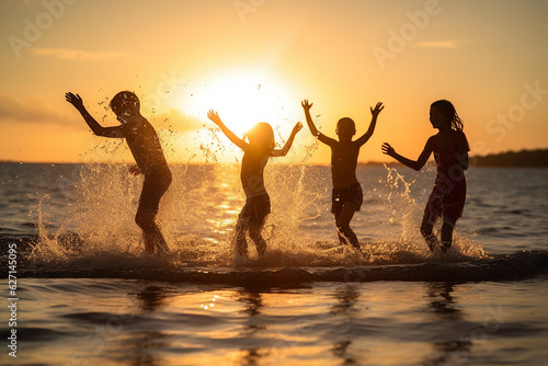 silhouette of several children playing together in the beach