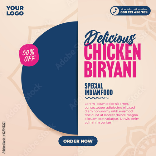 Delicious indian food menu and chicken biryani social media post and web banner template