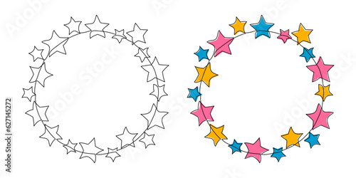 One line circle frame with confetti stars. Continuous line drawing isolated on white background. Hand drawn circle border with space for text.