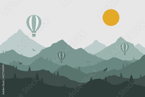 Wallpaper nursery with View of the sunrise over the mountains with hot air balloons and birds. Cute illustraition for kids room wall. photo