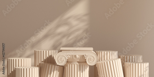 3d classic podium with light shadow brown background for cosmetic, perfume and product presentation. 3d rendering illustration.