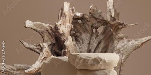 Fototapeta Naklejka Na Ścianę i Meble -  3d abstract background. 3d rustic old wood and stone display for perfume and cosmetic product background. 3d rendering illustration