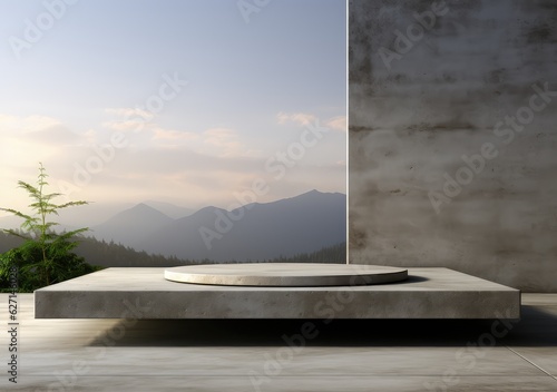 Abstract design of modern podium with empty concret. round concrete podium floor. Pedestal for display,Platform for design,Blank product,concrete room. AI Generative.