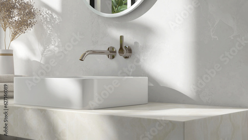 Foto Cream marble vanity counter top, white modern rectangle ceramic washbasin, chrom