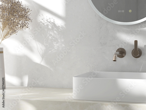 Fotomurale Modern round smart vanity mirror with clock, cream marble counter, white rectang
