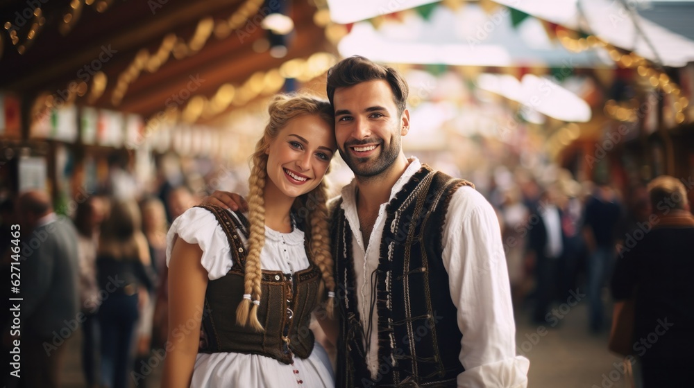 Man and woman wearing a traditional german costumes at the Oktoberfest with traditional, joyful smile, Bavarian festival in the blurred background. Man and woman wearing a traditional german costumes at the Oktoberfest with traditional, joyful smile, Bavarian festival in the blurred background.