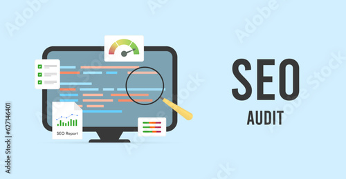 Website SEO Audit horizontal concept. Web site search analytics with speed test results, user experience and seo rankings metrics. Vector illustration