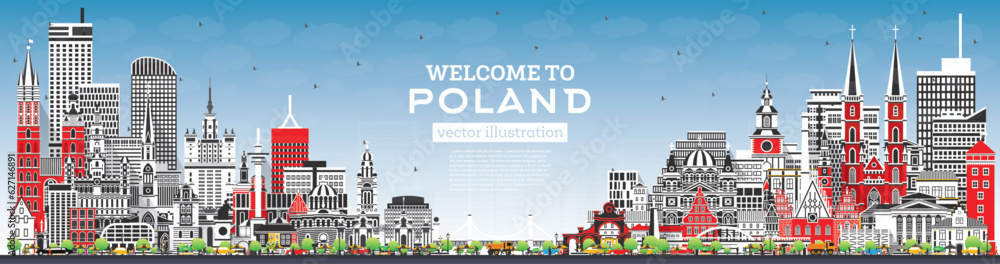 Poland City Skyline with Gray Buildings and Blue Sky. Vector Illustration. Concept with Modern Architecture. Poland Cityscape with Landmarks.