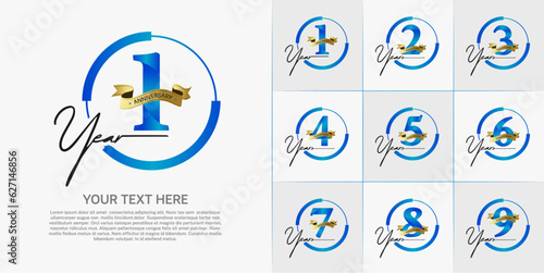 set of anniversary logo with blue number in circle and golden ribbon can be use for celebration