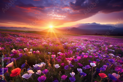 field of torenia flowers with a rainbow in the sky photo