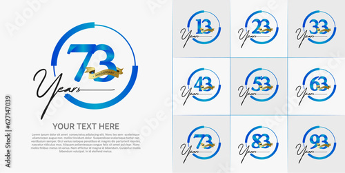set of anniversary logo with blue number in circle and golden ribbon can be use for celebration