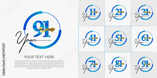 set of anniversary logo with blue number in circle and golden ribbon can be use for celebration