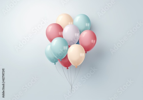 Colorful balloons 3d background. Bunch of flying helium balloon for birthday or anniversary congratulation concept. AI Generative.