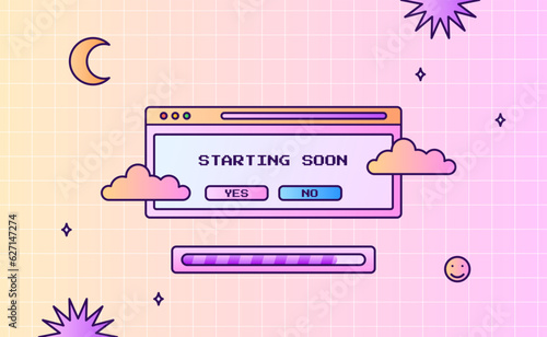 Stream starting soon offline screen ui layout modern pink purple gradient with cloud and window interface for gaming or streaming