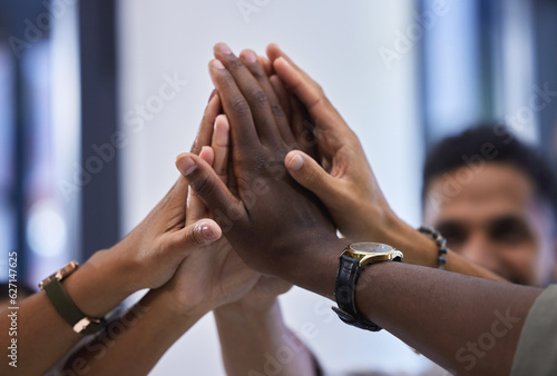 High five, hands and people together in teamwork, support or group collaboration and celebration. Workforce, diversity and networking in community, business or company staff for team building