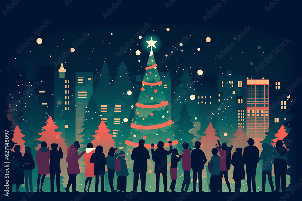 illustration of people in a town celebrating Christmas with a Christmas tree 
