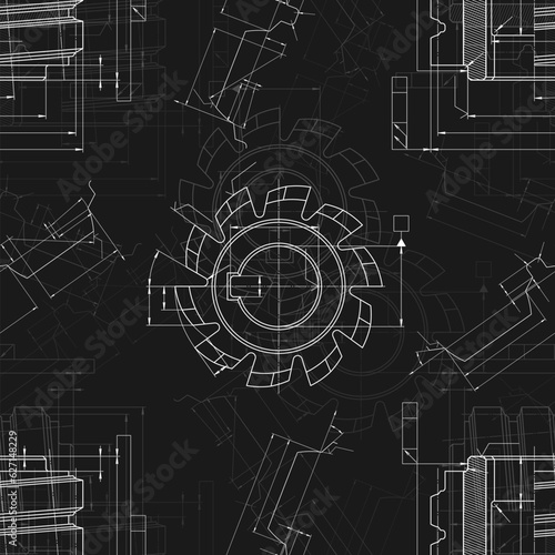 Mechanical engineering drawings on black background. Cutting tools, milling cutter. Technical Design. Cover. Blueprint. Seamless pattern. Vector illustration.