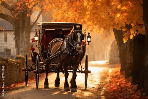 Photo horse and carriage at autumn park