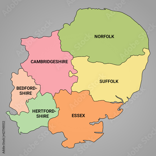 Photography 3d rendering  map of East of England is a region of England, with borders of the ceremonial counties and different colour