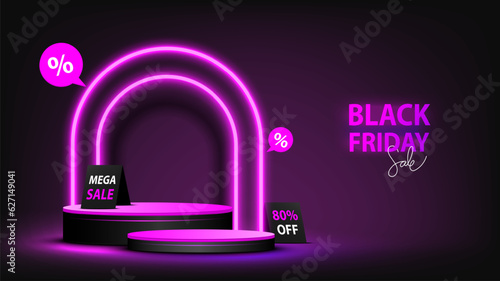 Black Friday Sale. Podium with pink neon lighting and sale-label elements. Pedestal scene with for product, advertising, show, and award ceremony on Black background. Vector illustration.