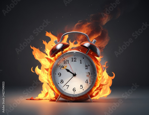 A burning alarm clock The concept of rush hour.generative AI