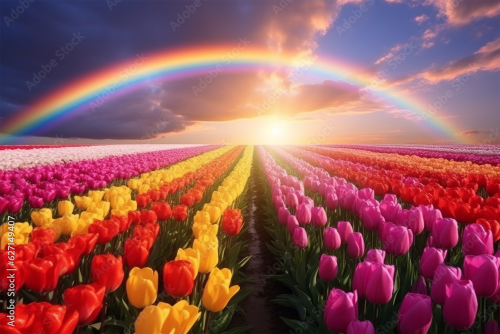 field of tulip flowers with a rainbow in the sky