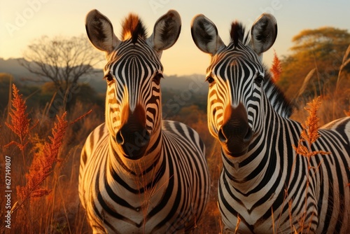 In the field  two zebras stand with background trees.  Generative AI 