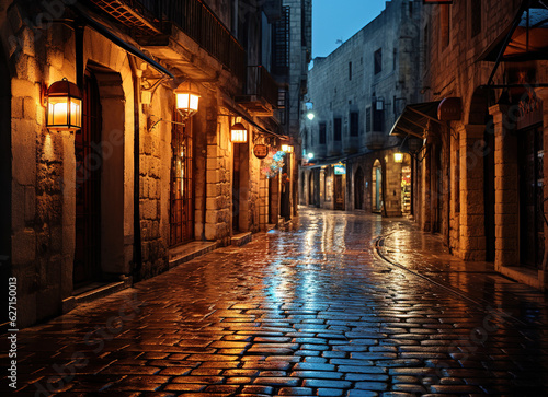 street in the old town at night with lamps light on and wet pebble road ground