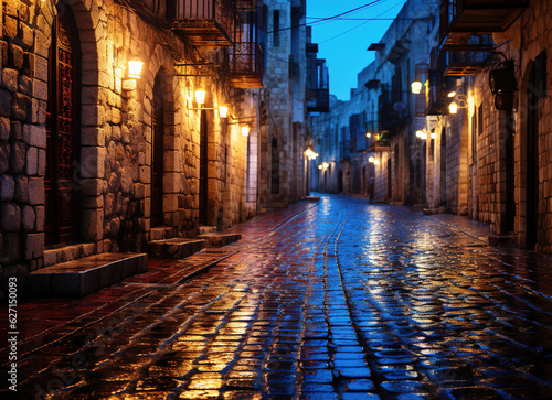 street in the old town at night with lamps light on and wet pebble road ground
