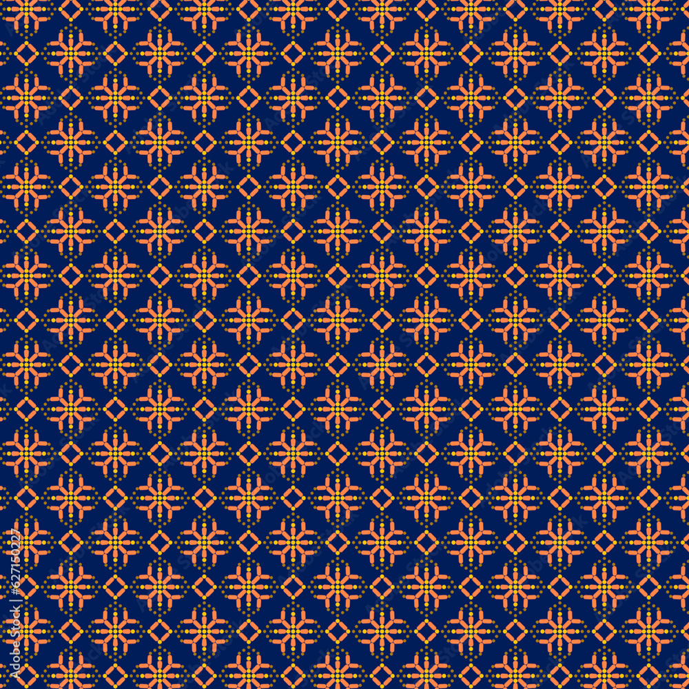 Geometric floral checkered pattern Yellow orange polka dot motifs on dark blue background
