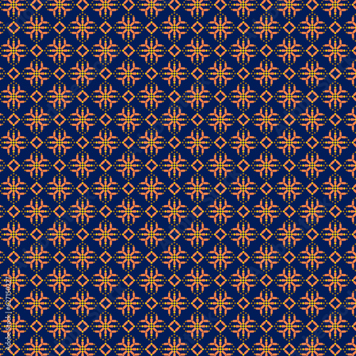 Geometric floral checkered pattern Yellow orange polka dot motifs on dark blue background