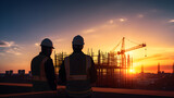 Silhouette of Engineer and worker checking Building site
