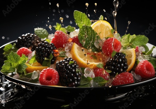 Fresh Mix fruits and salad with water splash float on dish with dark studio background. AI Generative