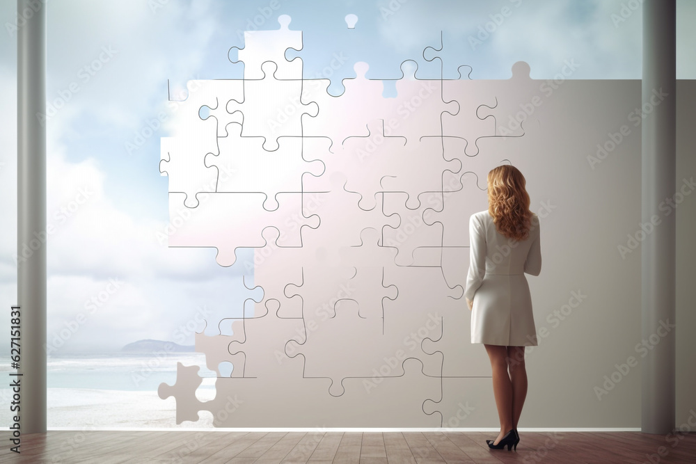 Fototapeta premium Businesswoman watching, big puzzle on wall, Woman looking at big puzzle, AI generated.
